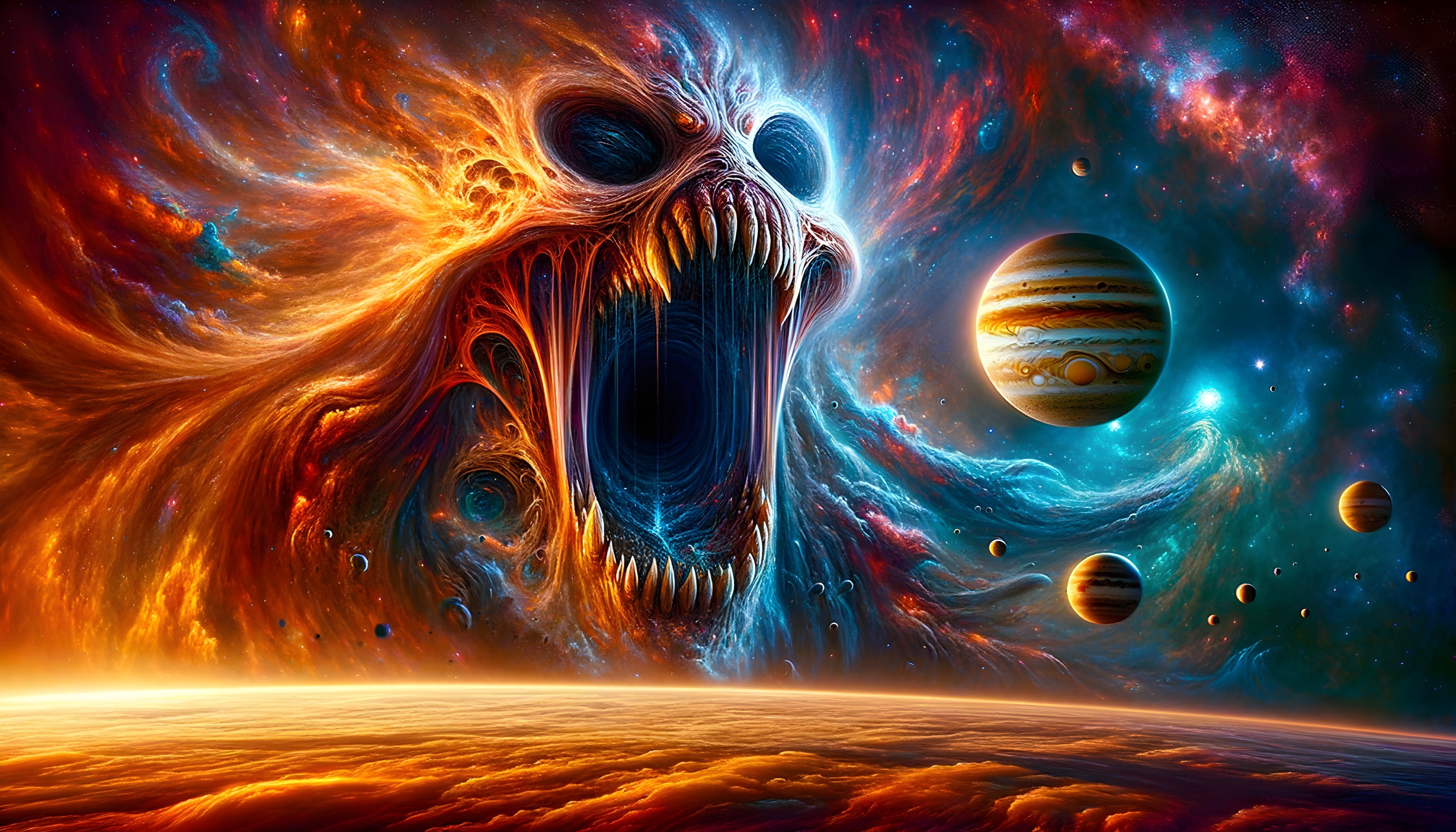 Colorful cosmic artwork: monstrous face in nebula with planets on starry backdrop