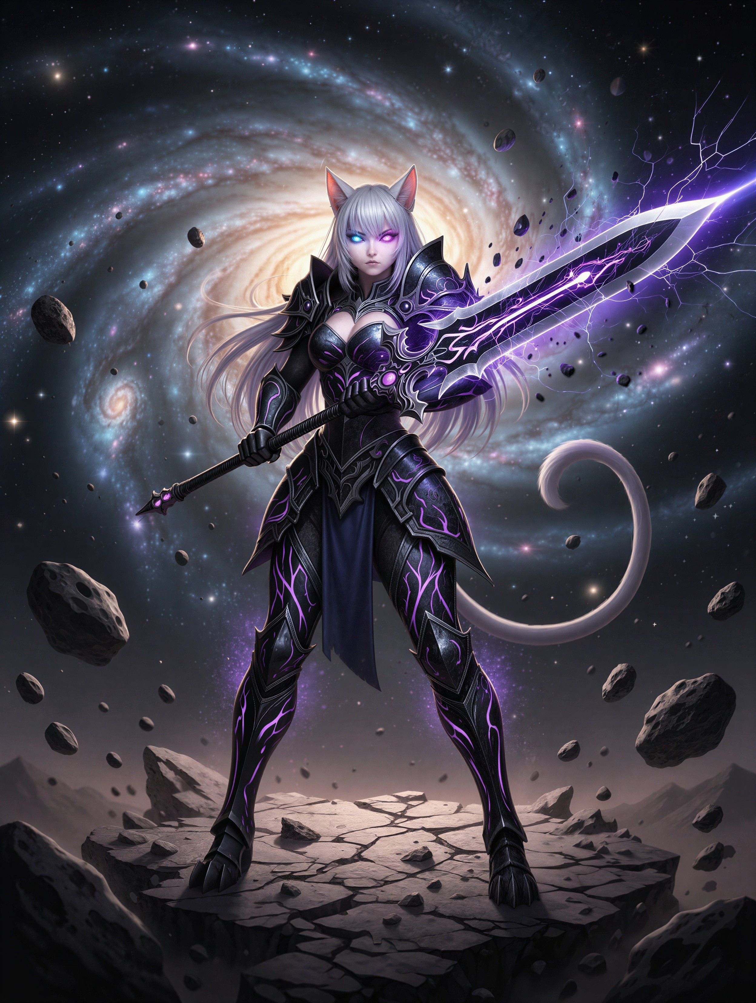 Armored Catgirl on Floating Asteroid with Galaxy Backdrop