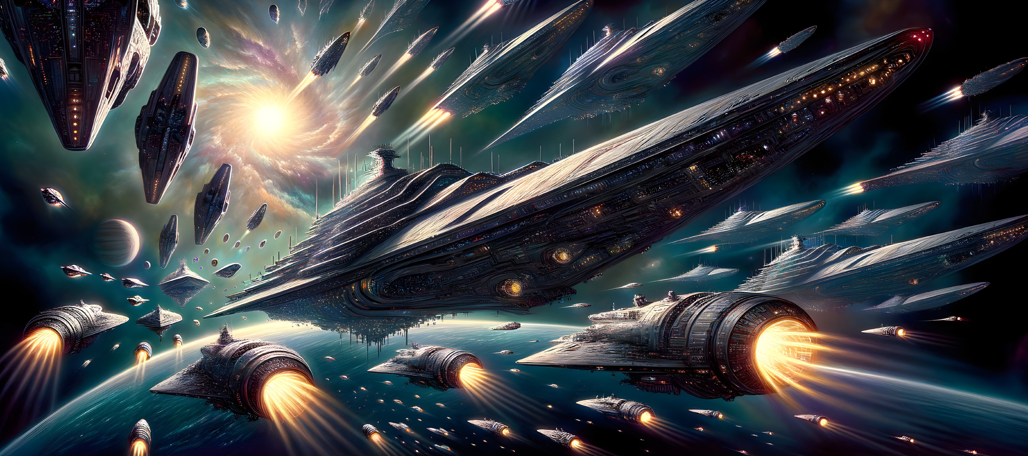 Futuristic spaceships in vibrant cosmic scene