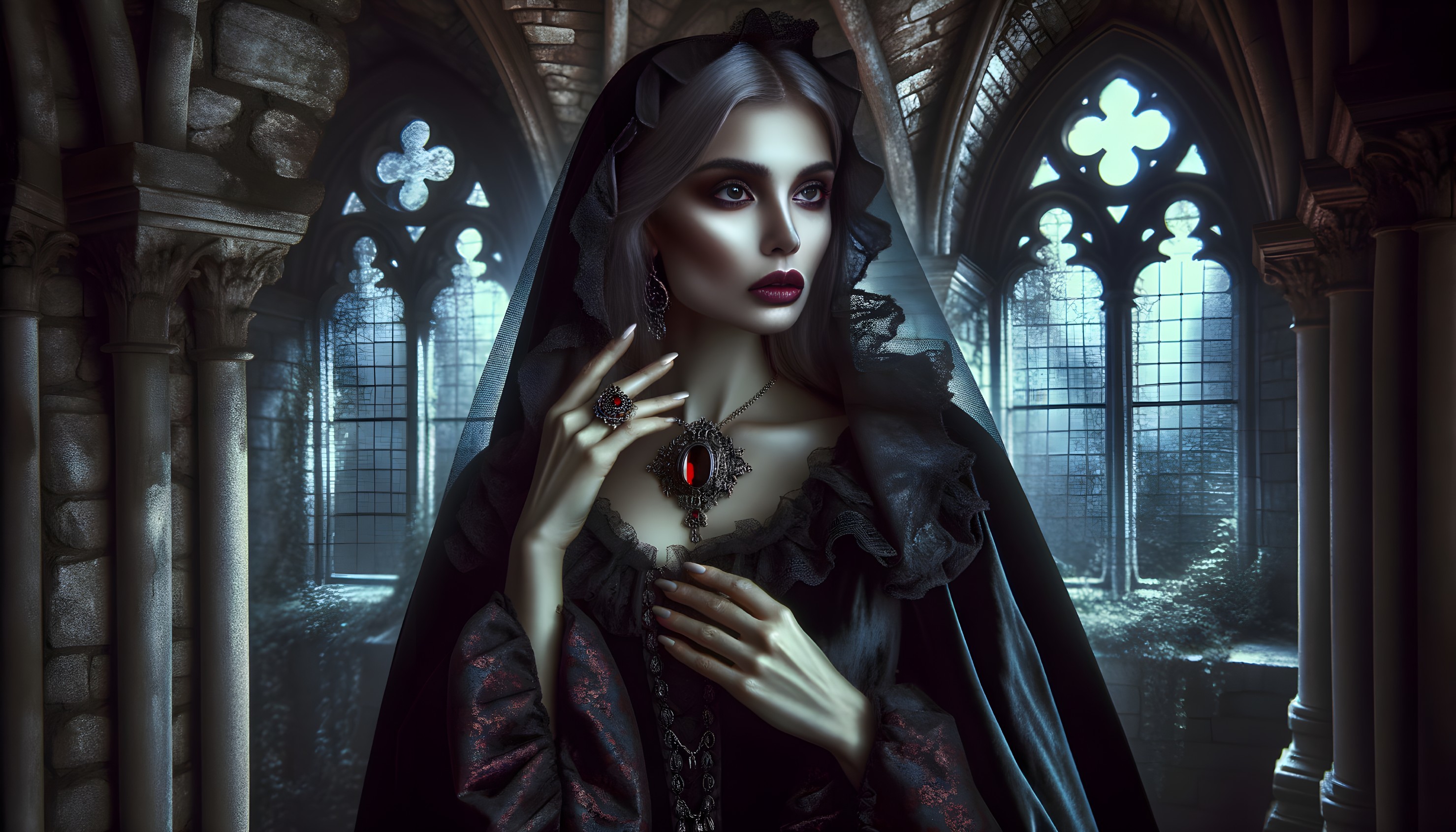 Pale woman in gothic attire in dimly lit medieval chamber