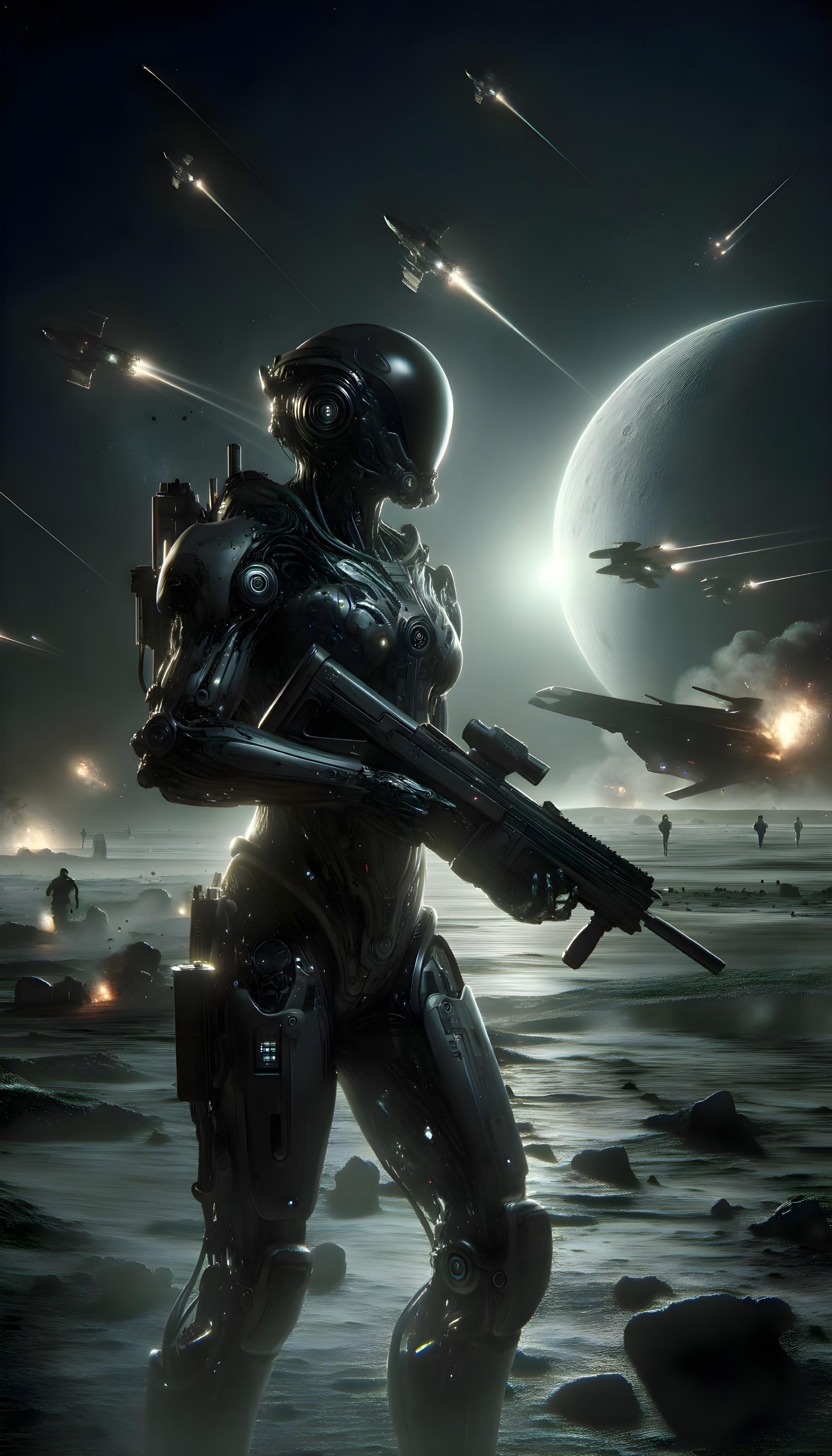 Futuristic armored robot with rifle on desolate battlefield