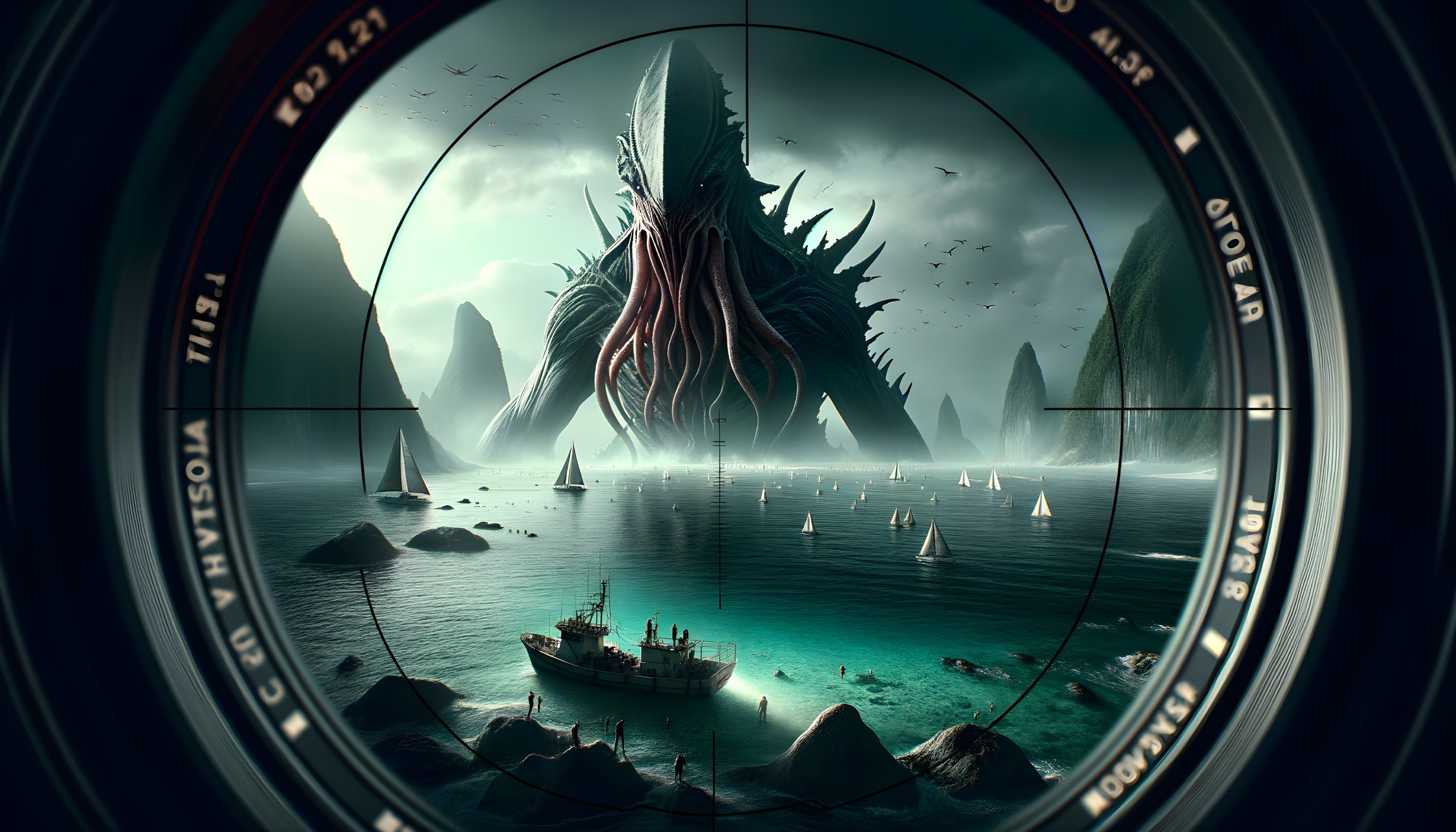 Colossal Sea Creature with Boats and Foggy Mountains