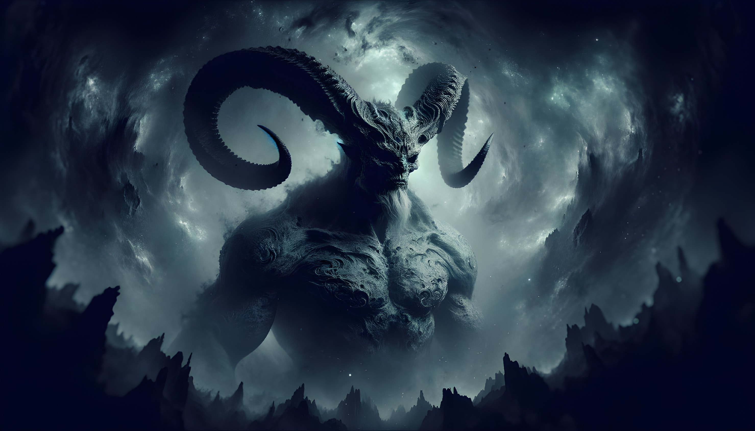 Dark Mystical Creature with Twisted Horns in Shadows