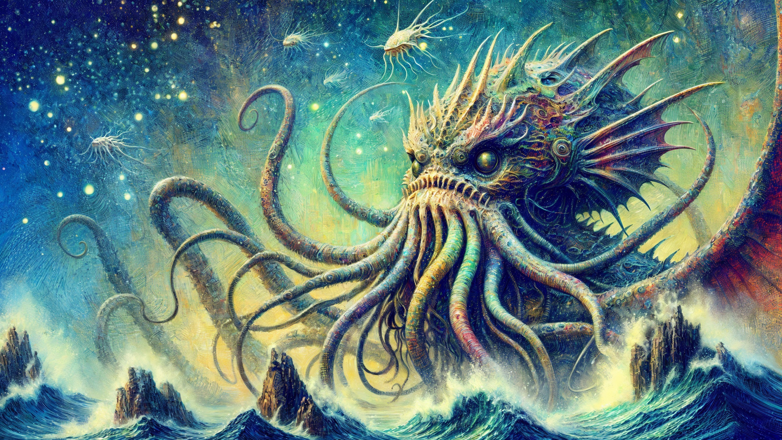 Mythical Sea Creature Amidst Turbulent Ocean Waves
