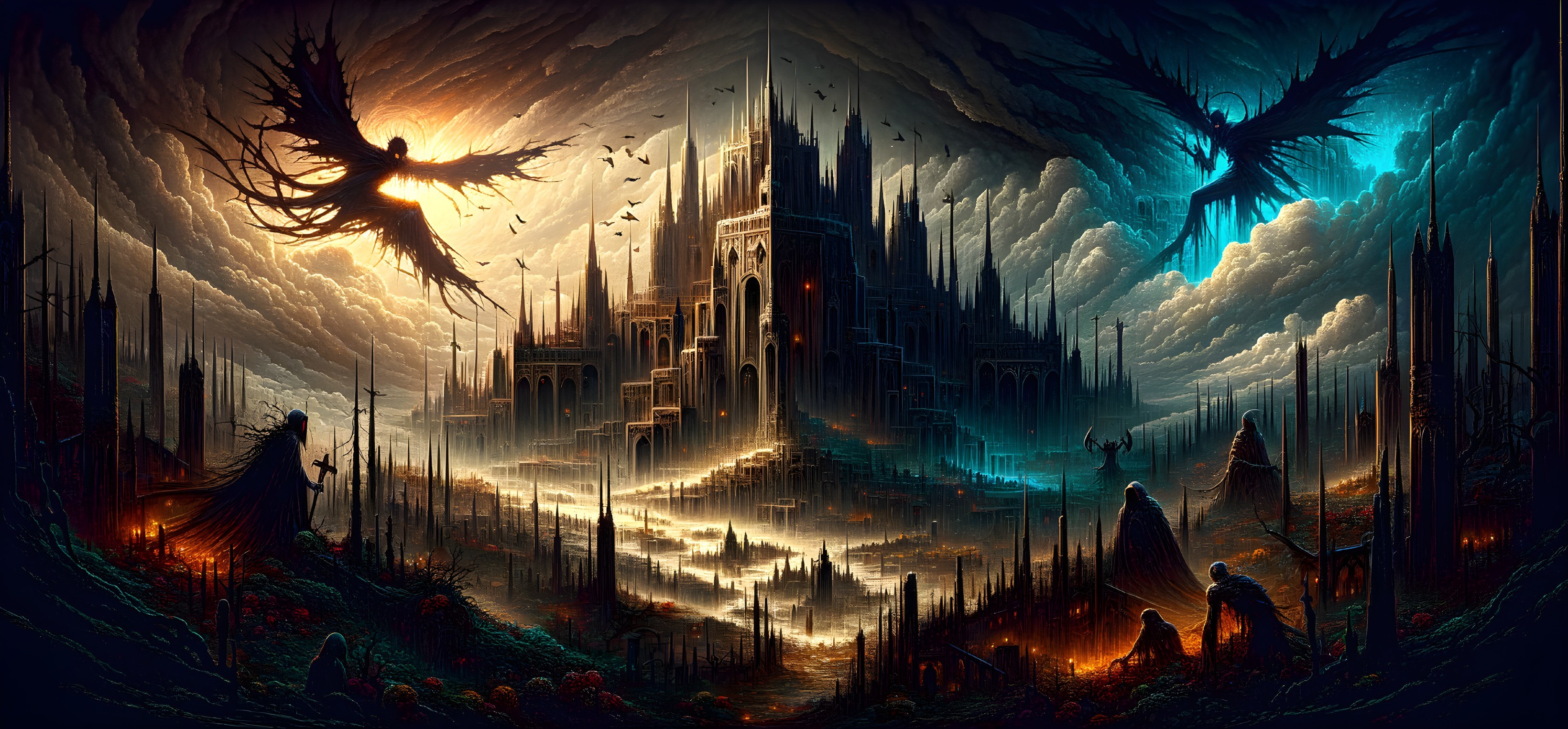 Dark Mystical Landscape with Ominous Castle and Shadows