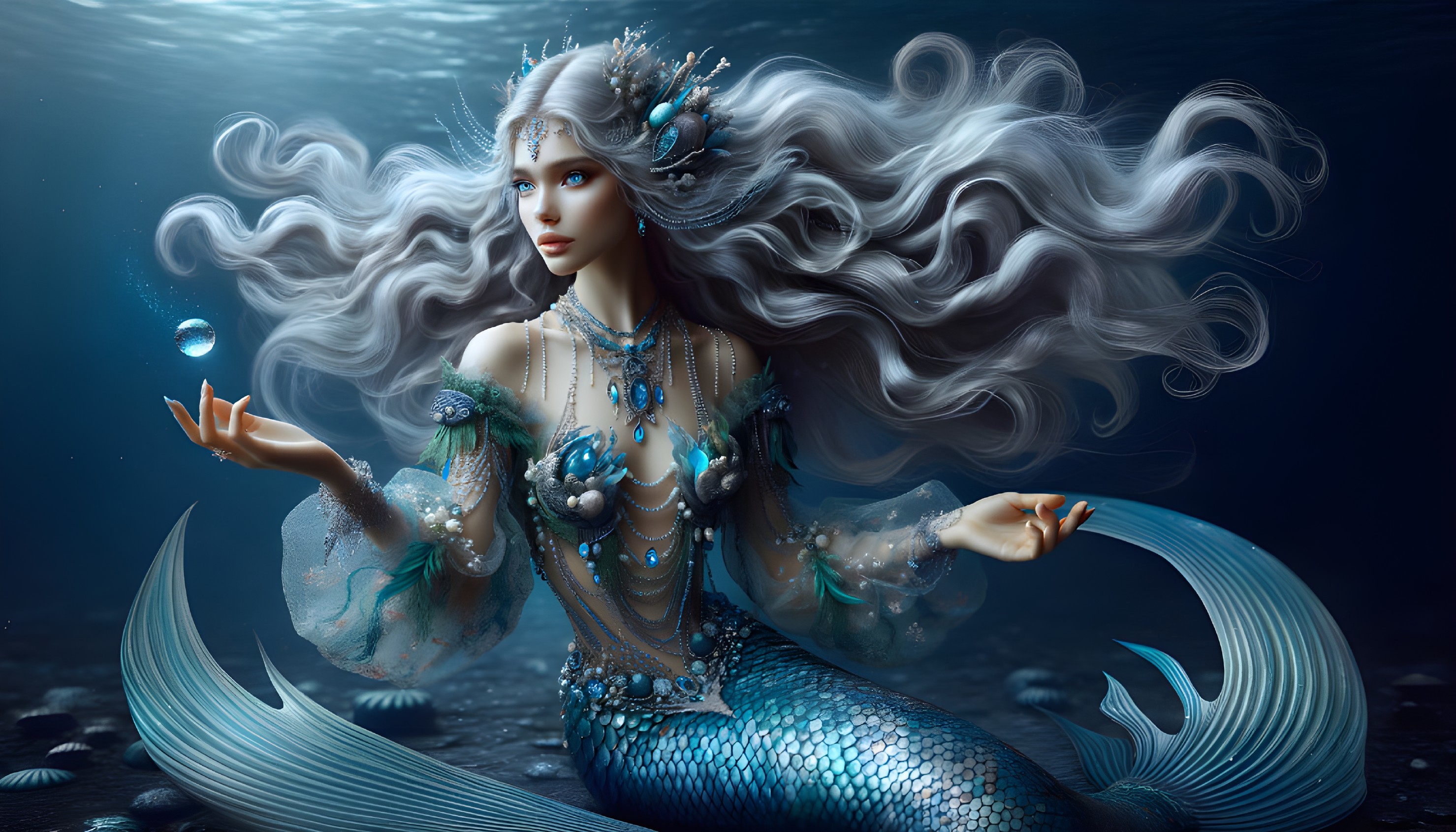 Mermaid with Silver Hair and Seashell Outfit Underwater