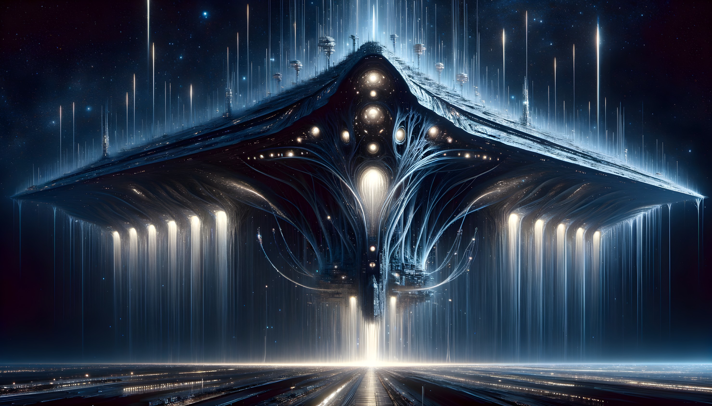Futuristic spacecraft in a starry cosmos with light beams