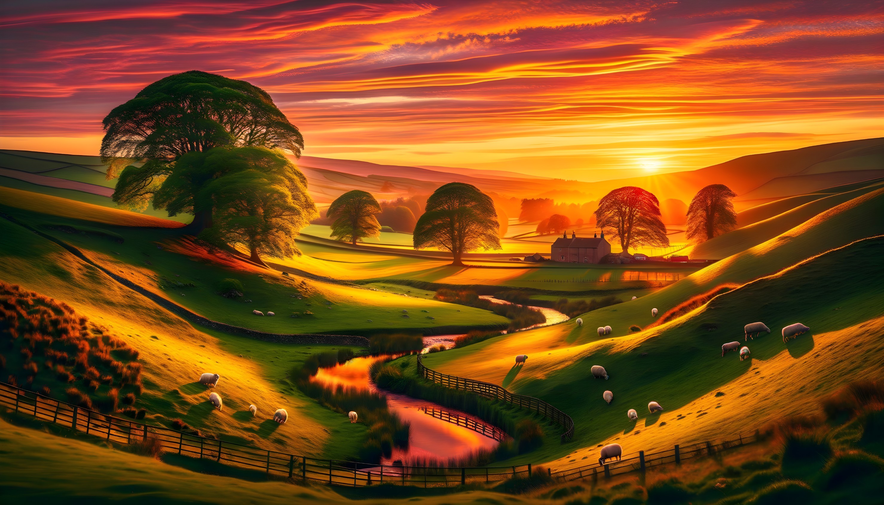 Serene Countryside Landscape at Sunset with Sheep