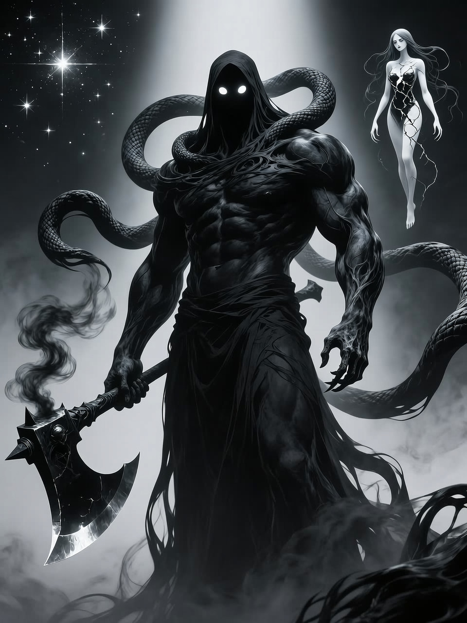 Grayscale depiction of a menacing shrouded figure