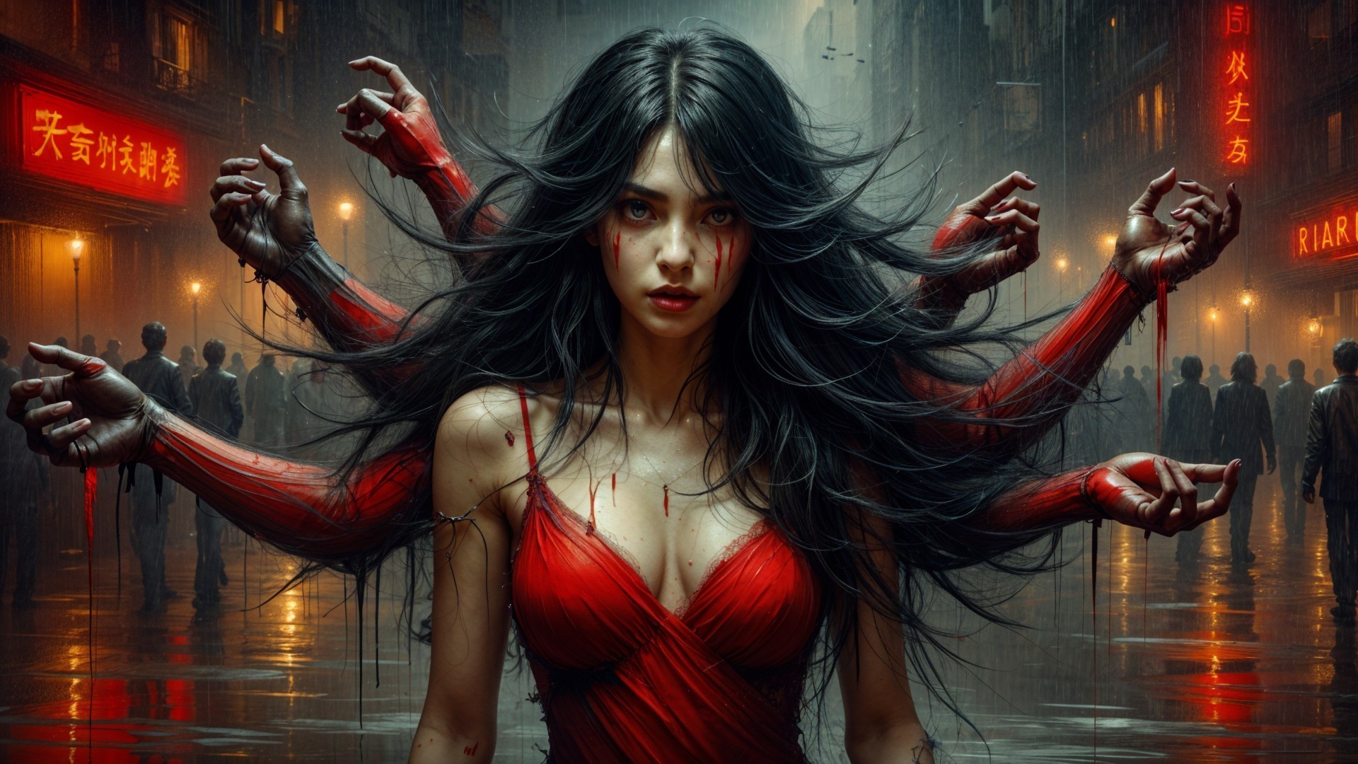 Ethereal Figure in Red Dress Amidst Urban Shadows