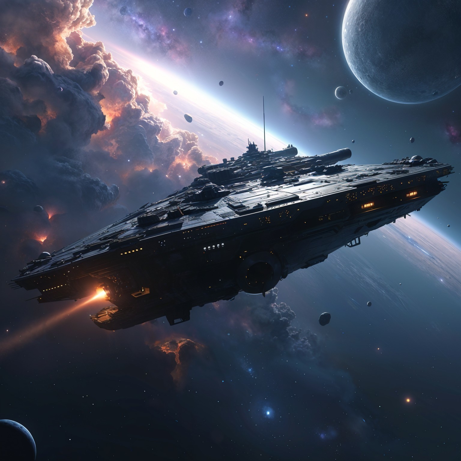 Futuristic spaceship in a vibrant cosmic scene