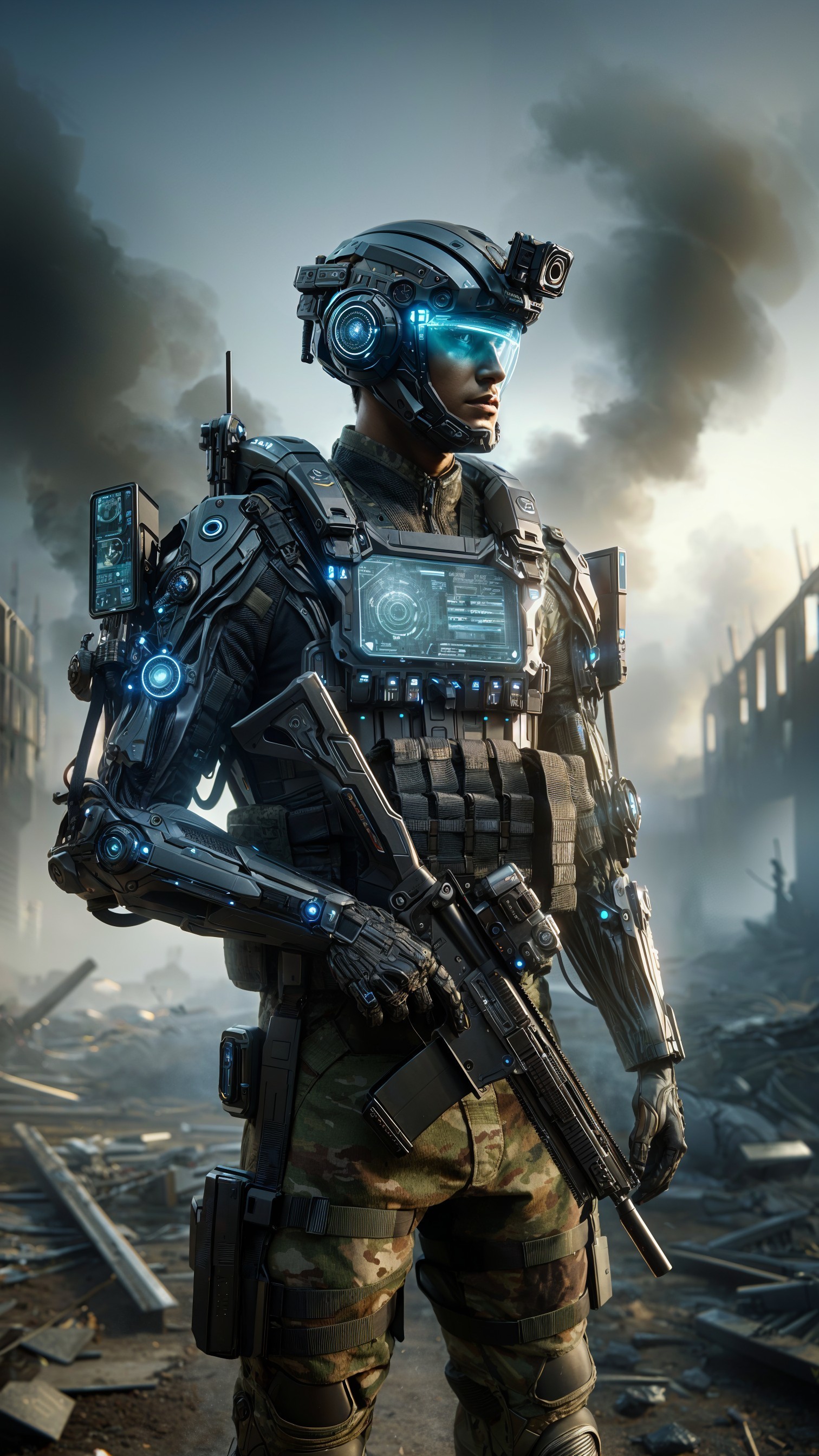 Futuristic Soldier in Post-Apocalyptic Landscape