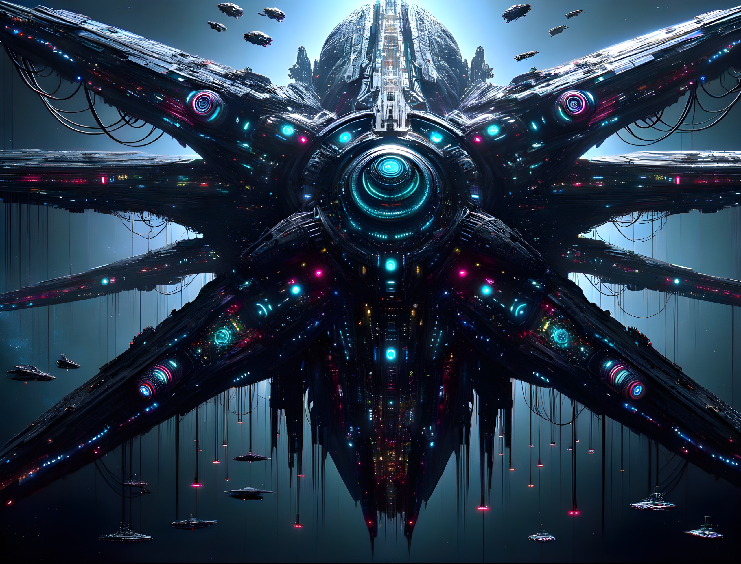 Futuristic spacecraft with glowing star-like structure