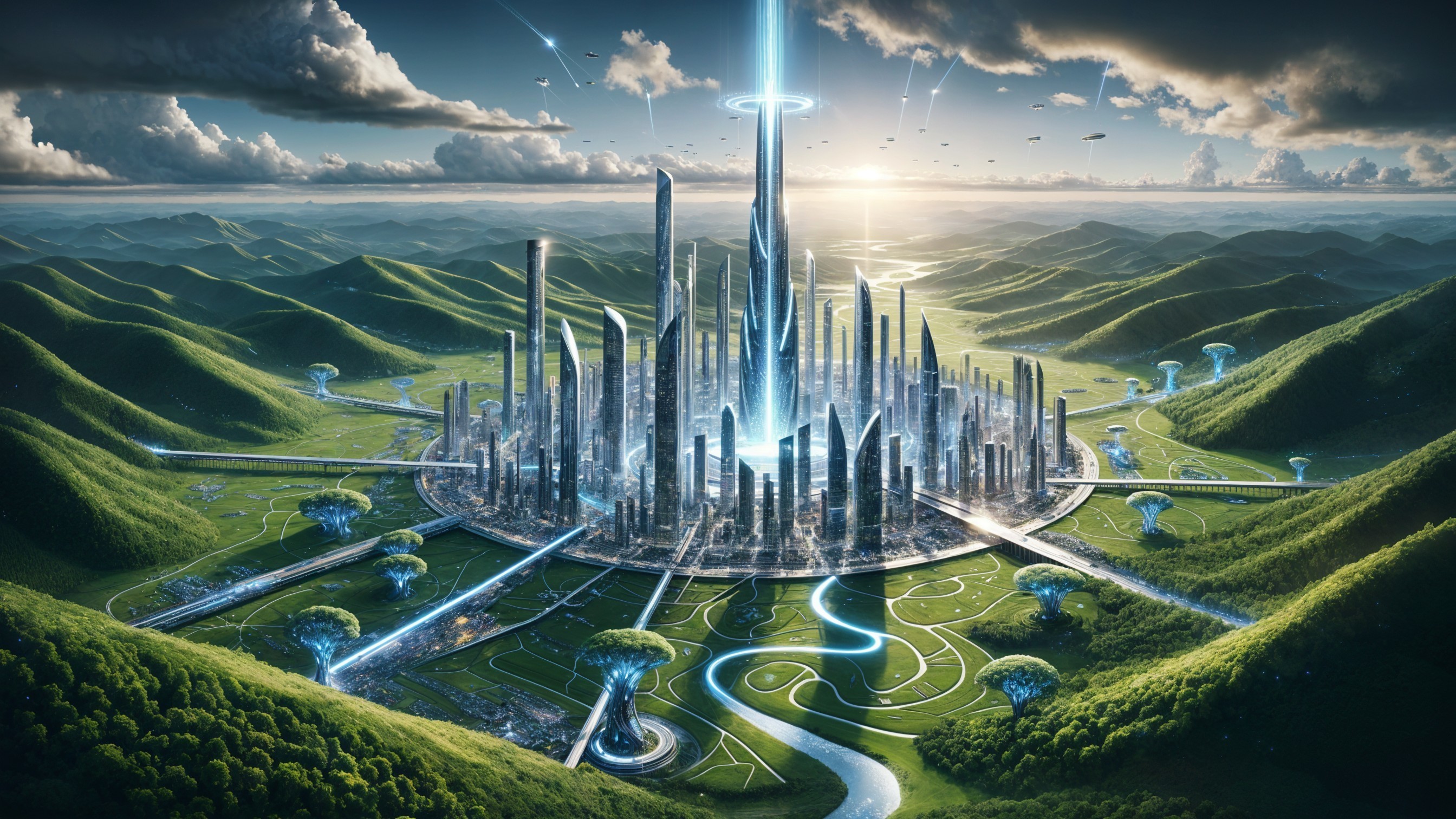 Futuristic cityscape with skyscrapers and nature融合