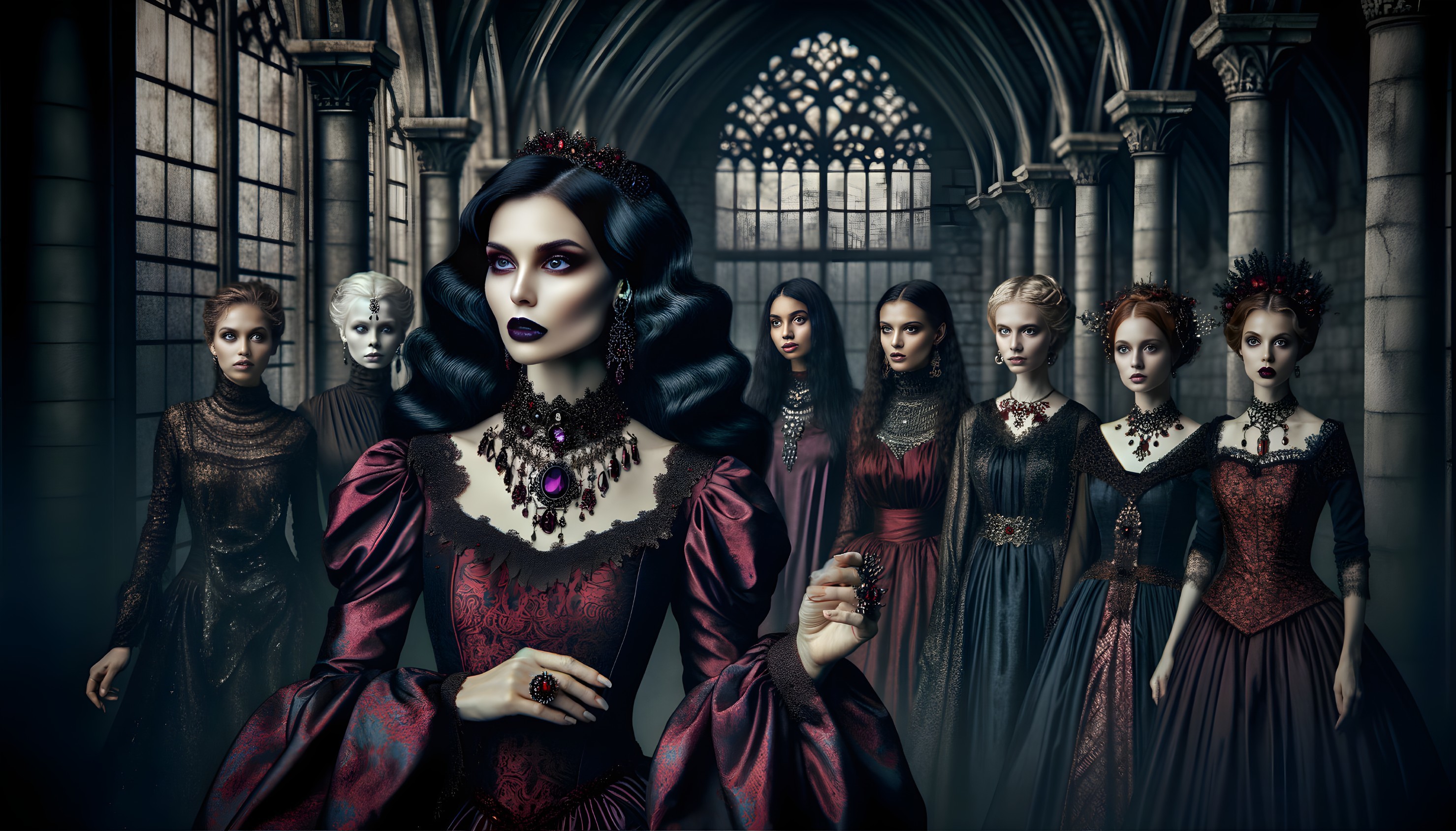 Seven women in elaborate gothic attire in dimly lit cathedral setting