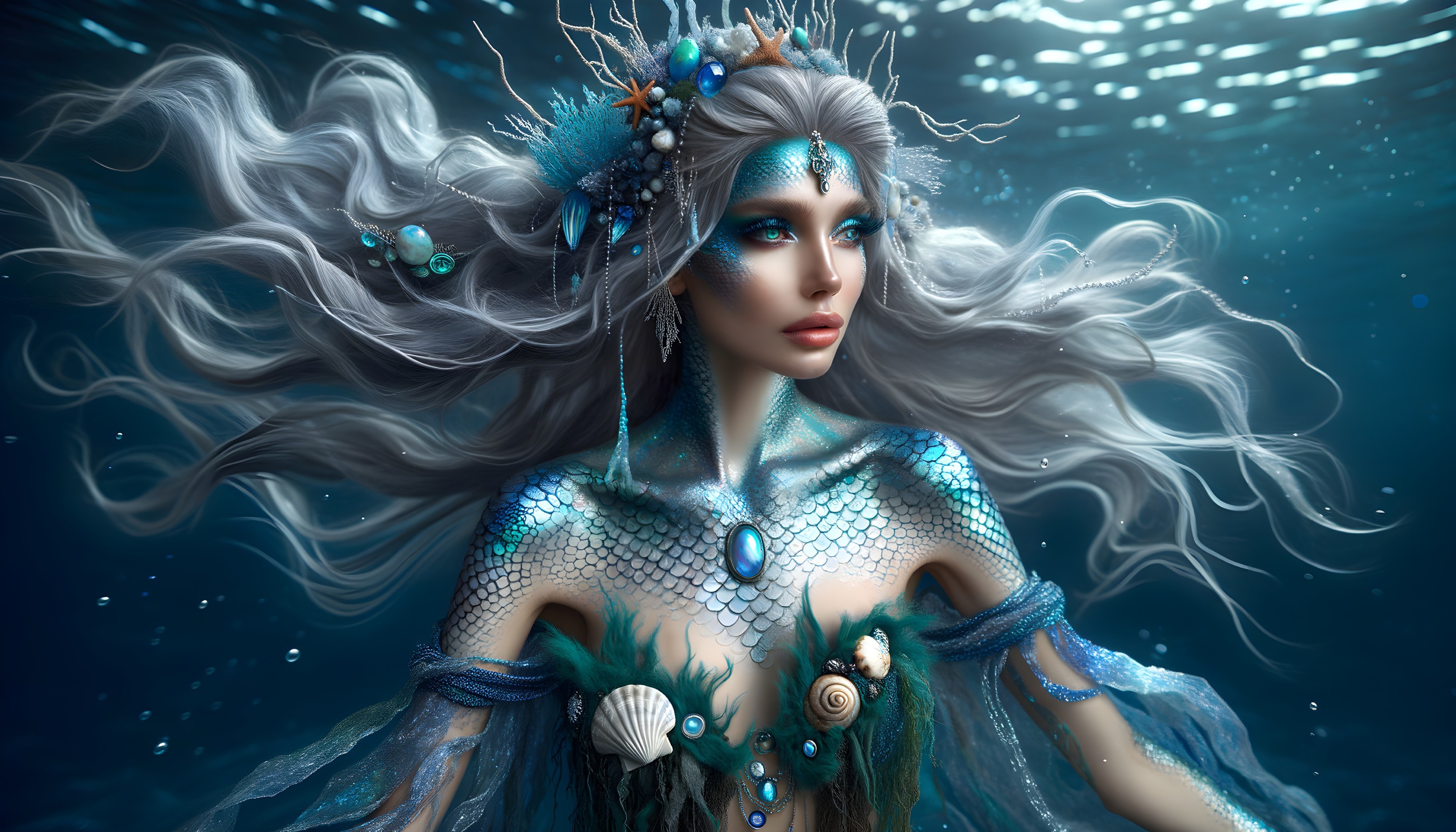 Underwater Scene Featuring a Graceful Mermaid