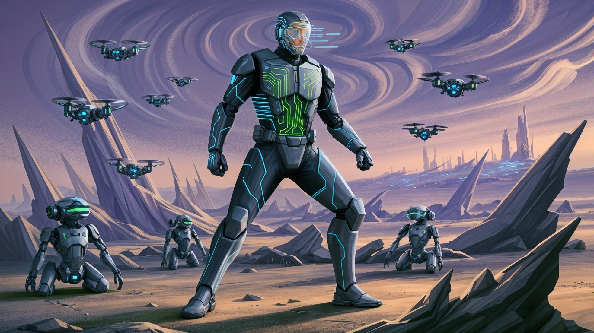 Futuristic Warrior in High-Tech Alien Landscape