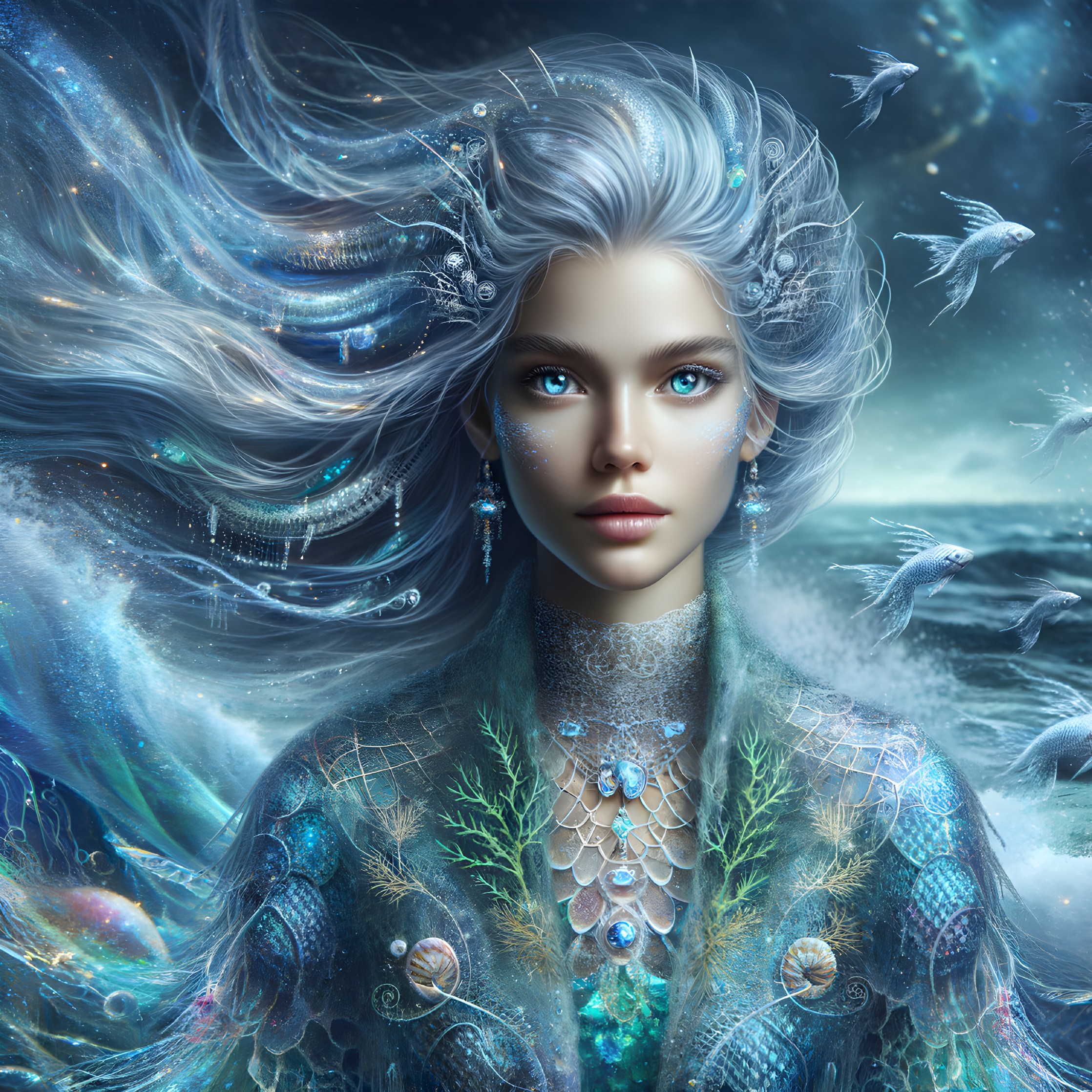 Ethereal Figure with Silver Hair and Ocean Motifs