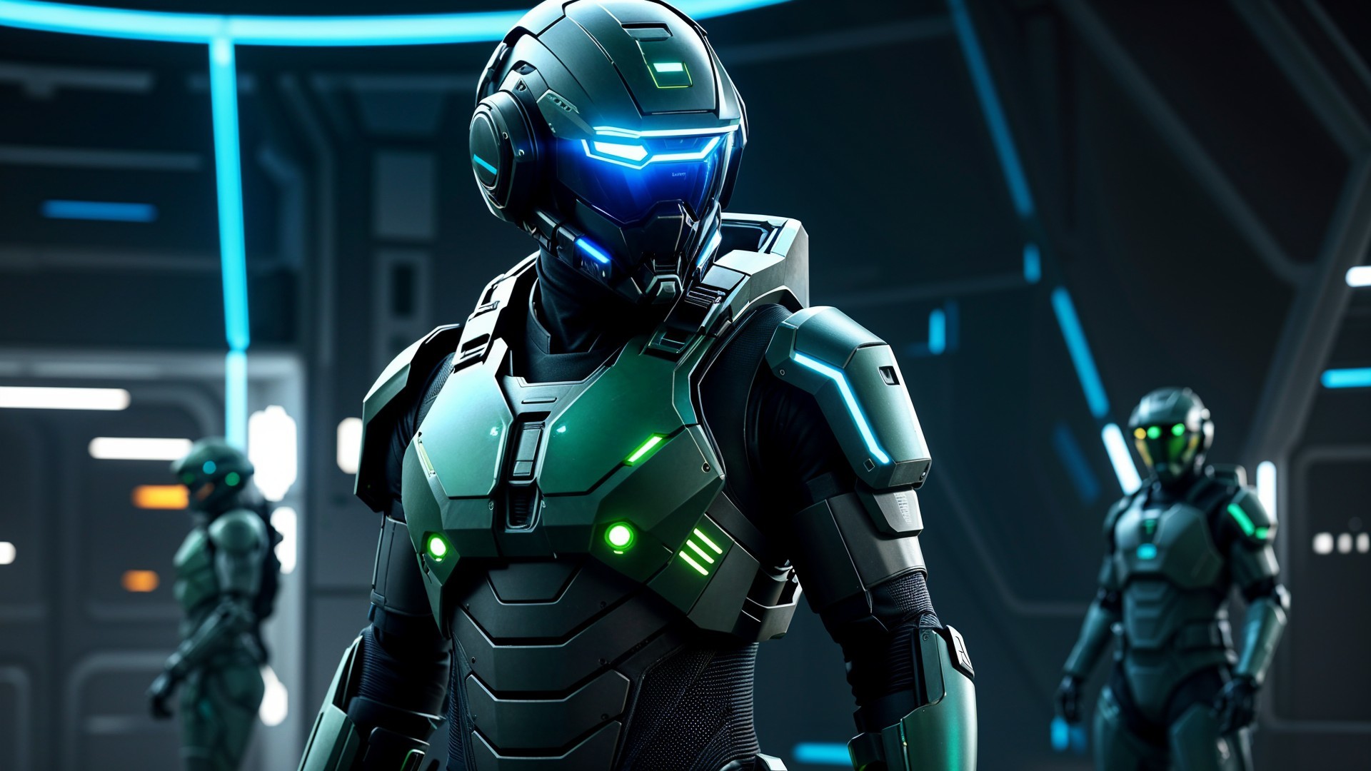 Futuristic Armored Figures in High-Tech Suits