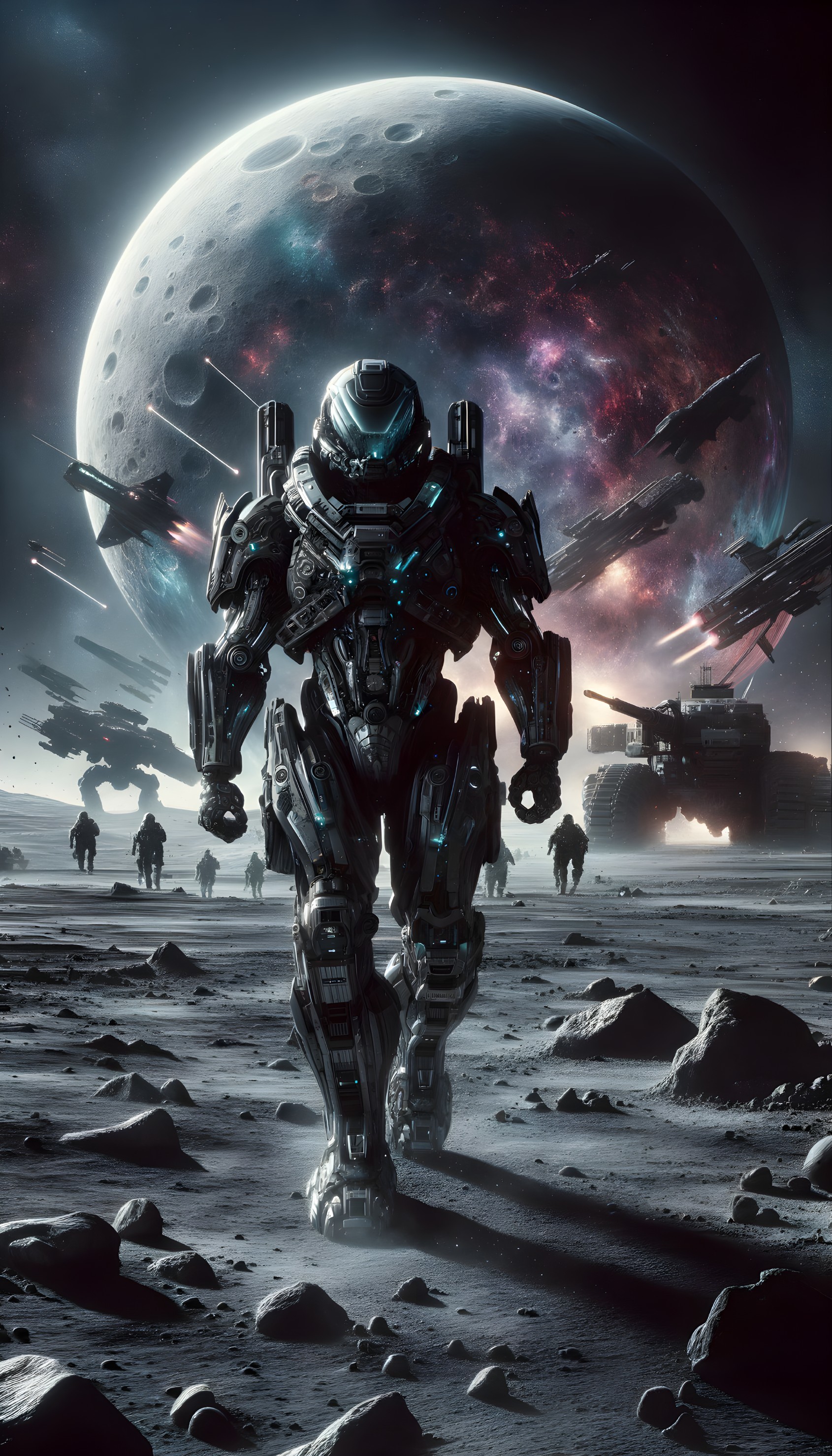 Futuristic mech warrior on desolate rocky terrain