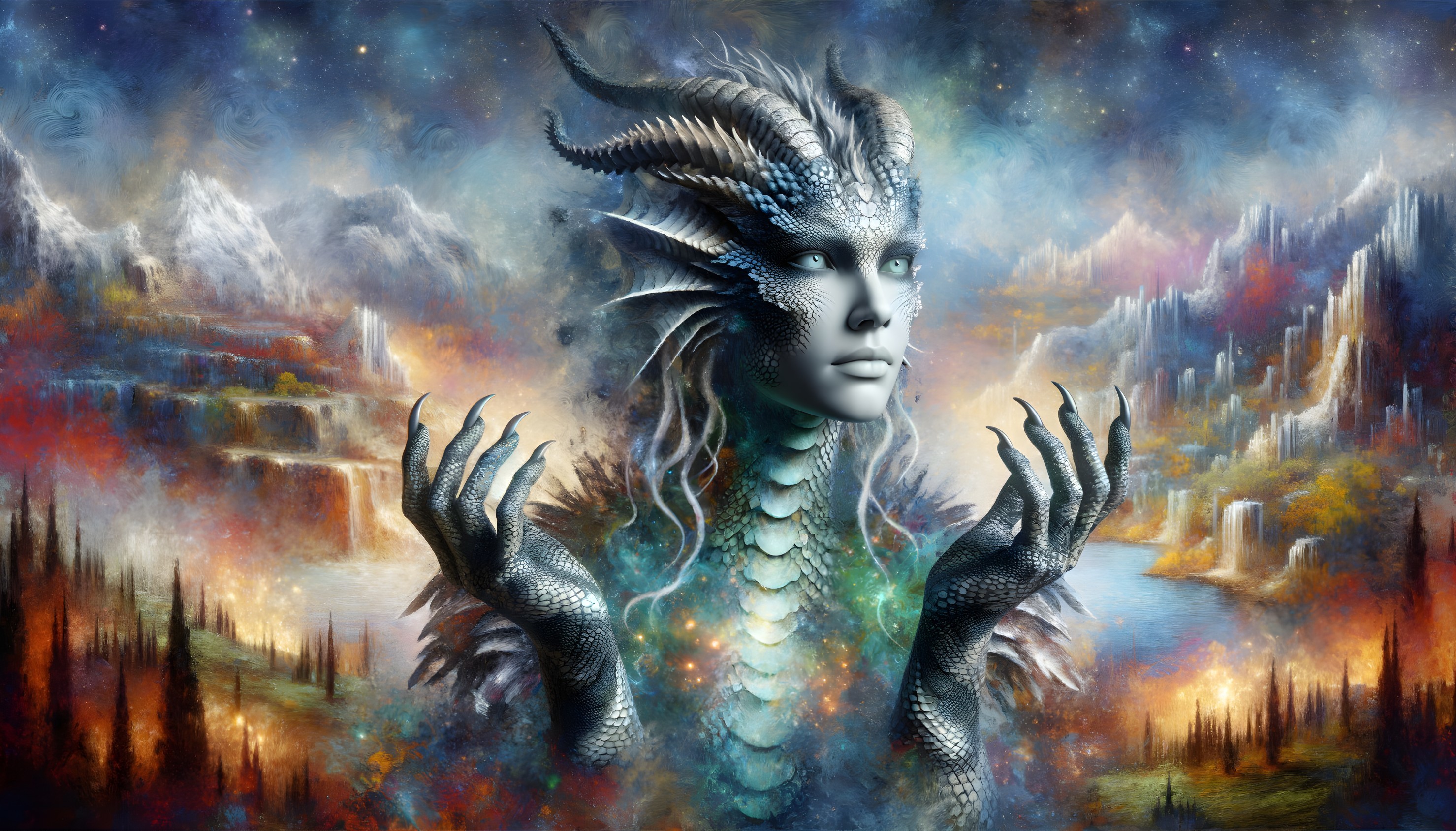 Mystical Figure with Dragon Features in Vibrant Landscape