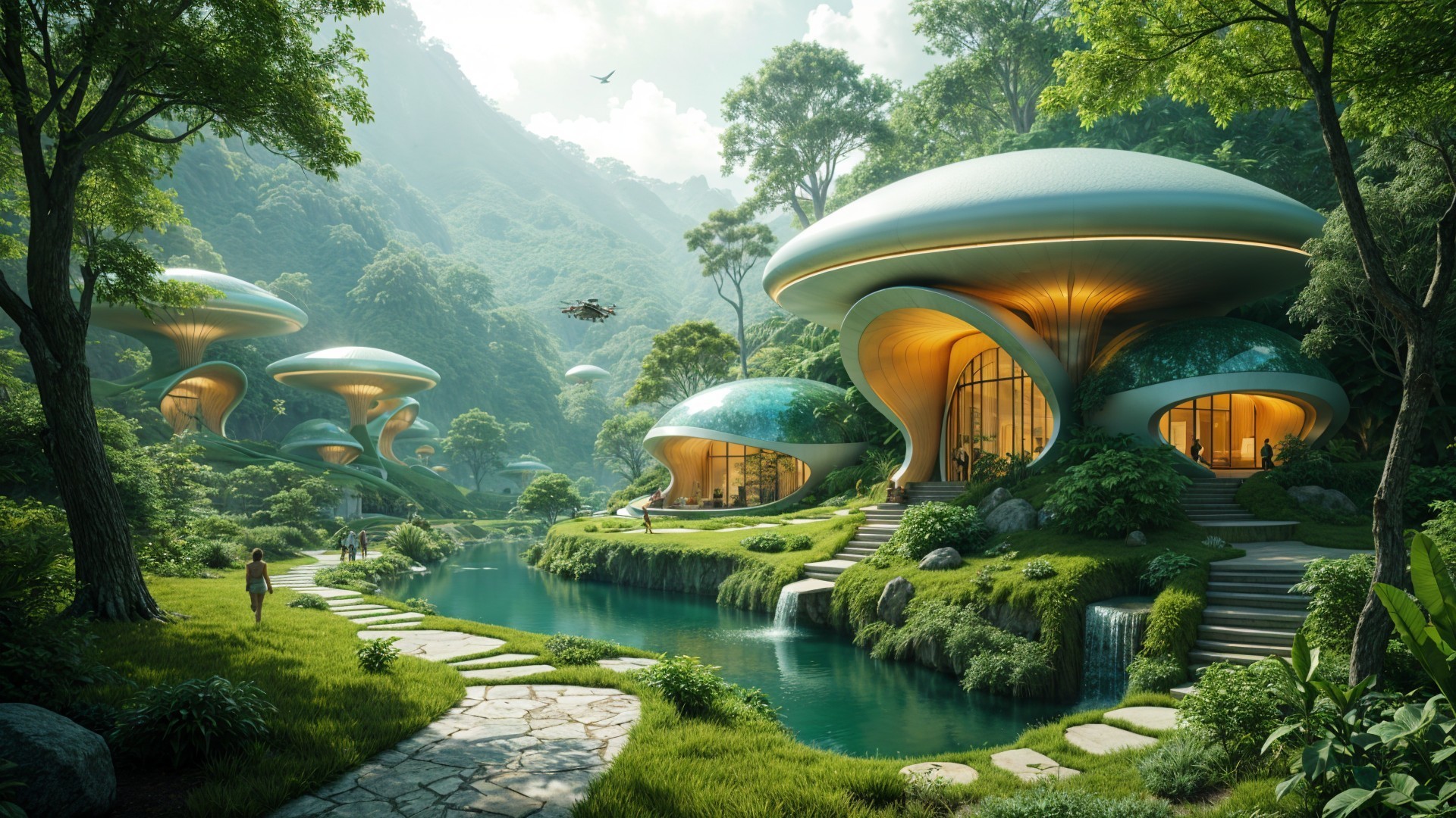 Futuristic Mushroom-Shaped Homes in a Green Landscape