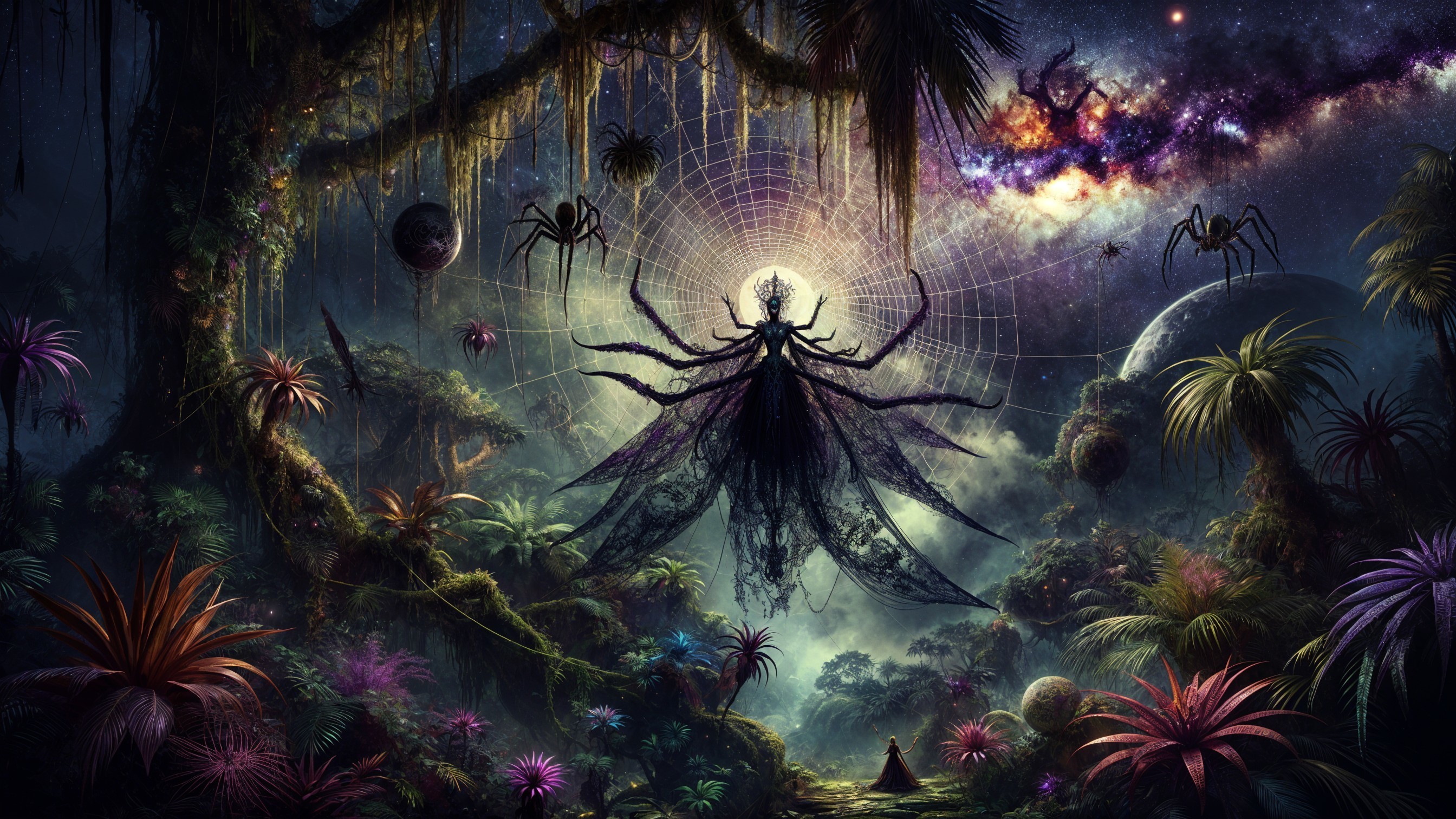 Giant ethereal spider in a mystical cosmic forest
