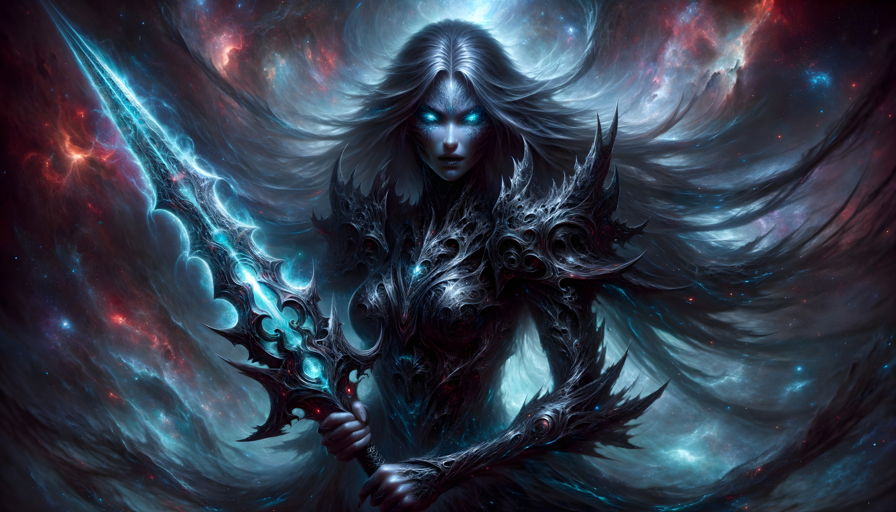 Ethereal Warrior in Cosmic Backdrop with Glowing Sword