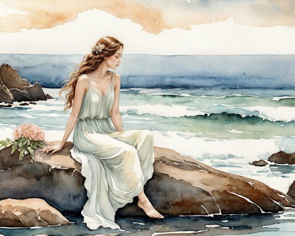 Watercolor Scene of Girl by Ocean in Pastel Colors