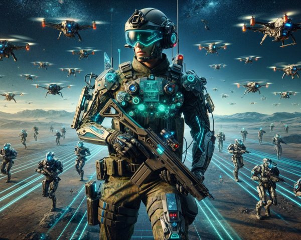 Futuristic soldiers in advanced armor on a battlefield