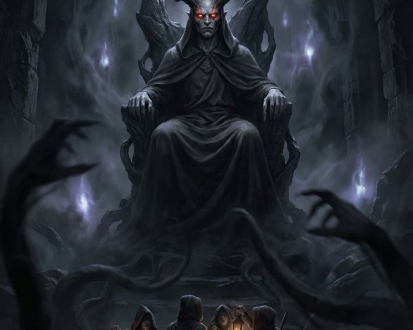 Evil King on Throne in Dark Cave with Hooded Figures