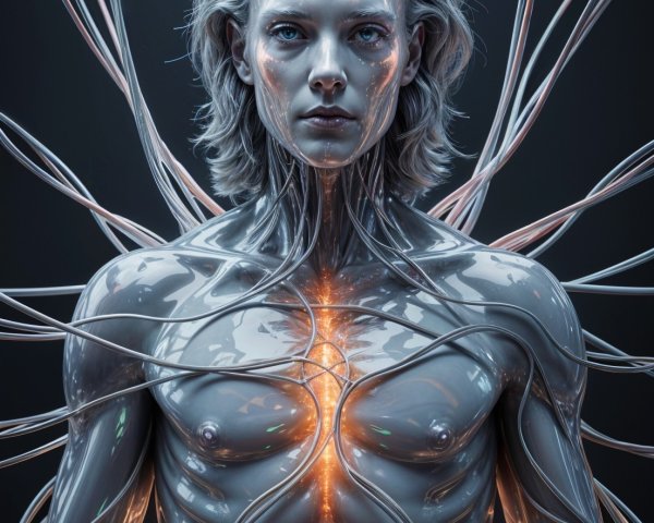 Futuristic humanoid figure with metallic skin and glowing circuits