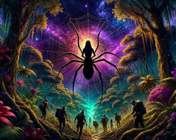 Giant Spider and Cosmic Web in Mystical Jungle Scene