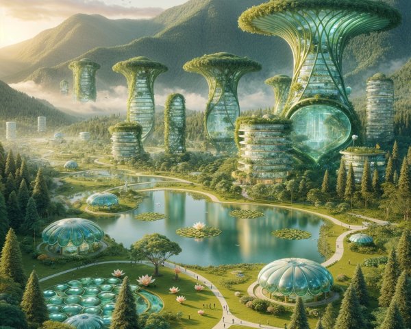 Futuristic Landscape with Glass Structures and Nature