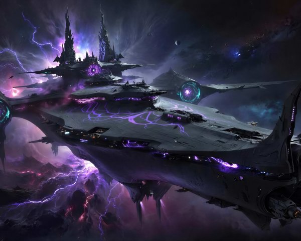 Futuristic spaceship with gothic design in cosmic sky