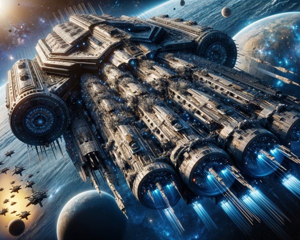 Massive Sci-Fi Spaceship with Vibrant Propulsion Flames