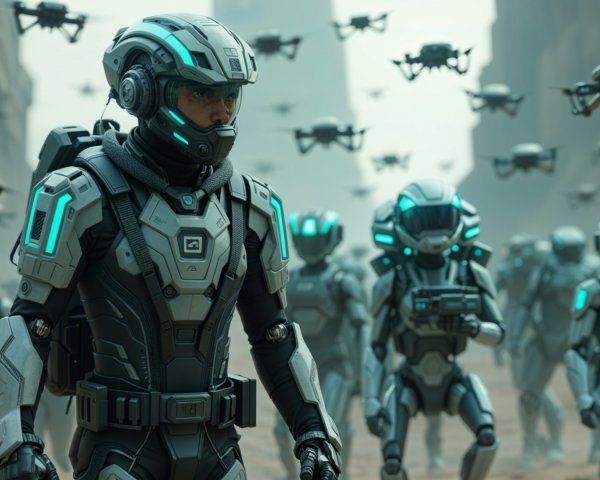 Armored Soldiers with Drones in Futuristic Landscape