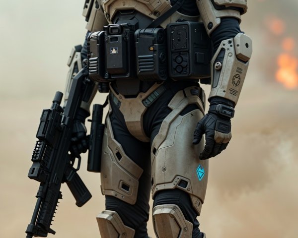 Futuristic soldier in armored exosuit in arid landscape