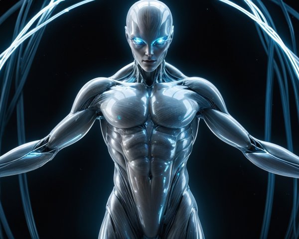 Futuristic humanoid figure with glowing blue aura
