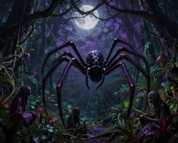 Dark Jungle Scene with Spider and Humanoid Creatures
