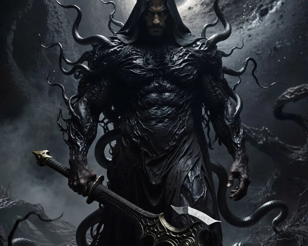 Mysterious Hooded Figure with Cosmic Background Art