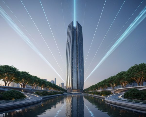 Modern Skyscraper Surrounded by Greenery and Water