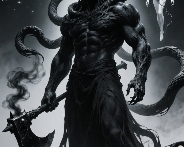 Grayscale depiction of a menacing shrouded figure