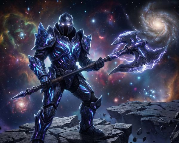 Menacing Knight in Cosmic Armor on Meteor in Space