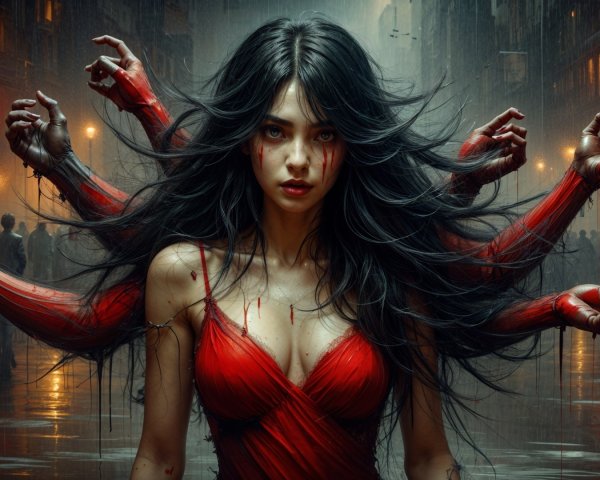 Ethereal Figure in Red Dress Amidst Urban Shadows