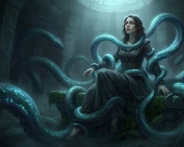 Digital painting of a woman in a dark stone chamber