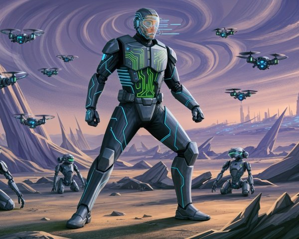 Futuristic Warrior in High-Tech Alien Landscape