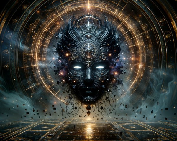 Surreal Cosmic Visage with Ornate Patterns and Symbols