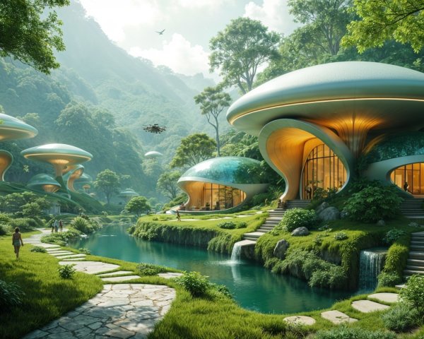 Futuristic Mushroom-Shaped Homes in a Green Landscape