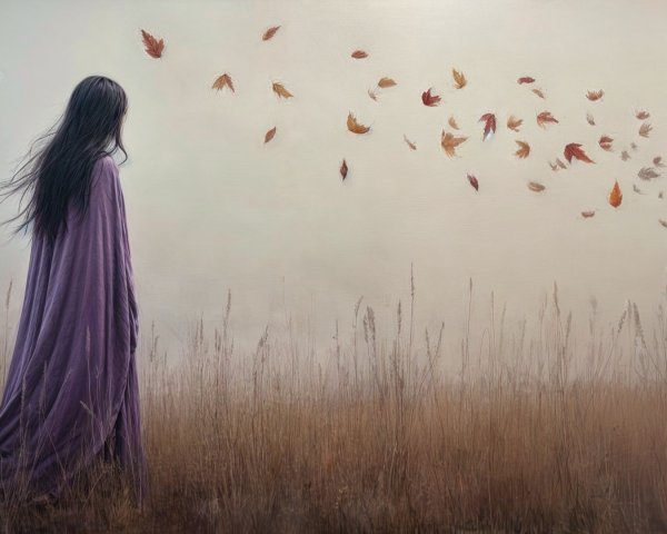 Figure in Purple Cloak in Misty Autumn Field